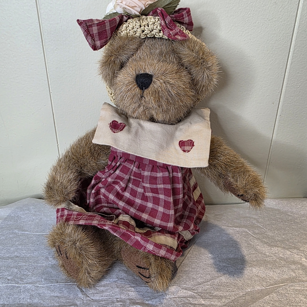 Vintage Plaid Dress Teddy Bear with Heart Accents